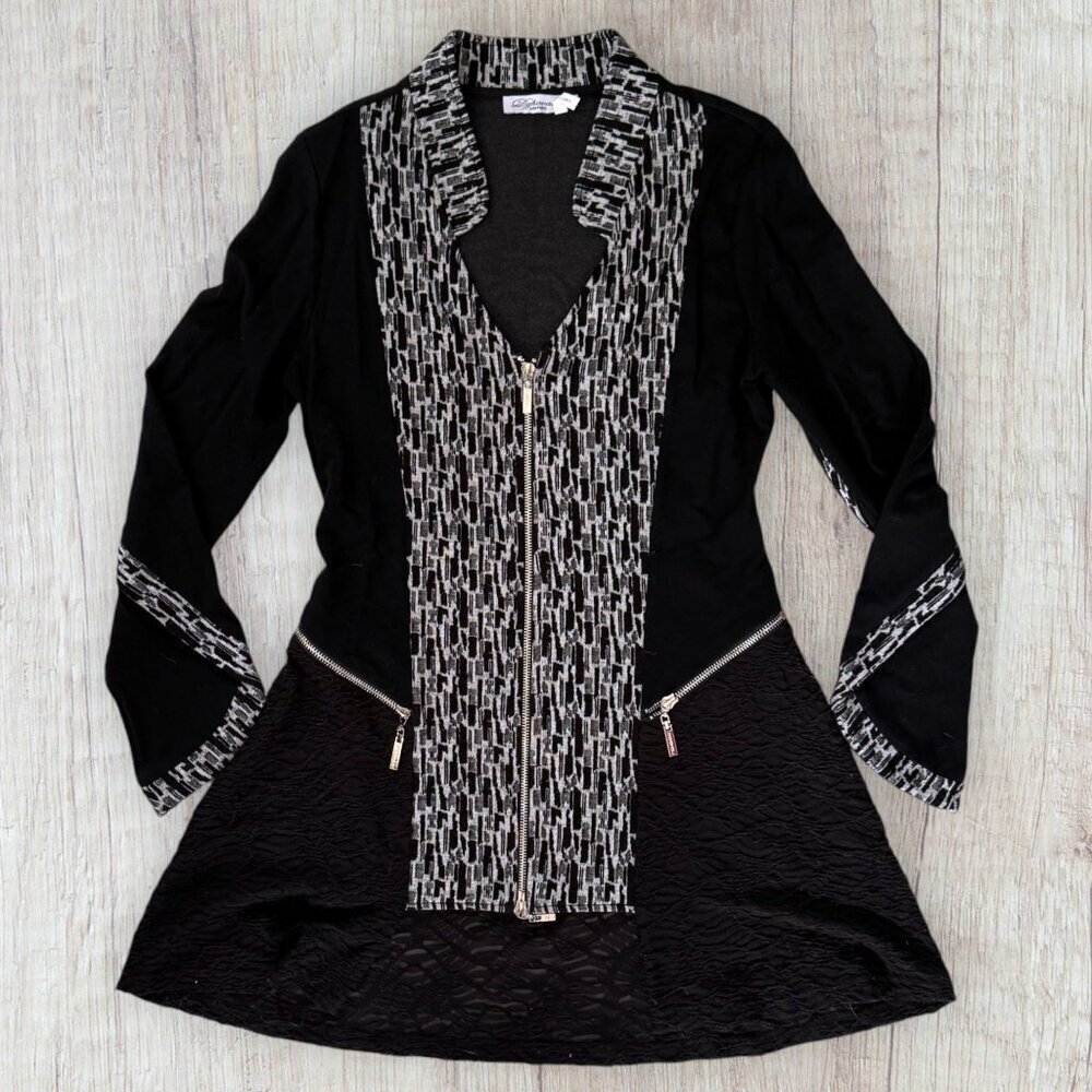 Dzhavael Couture Black Grey Lace Zipper Accent Long Blazer Holiday Jacket S